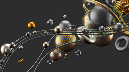 Beautiful abstract background with volume elements, balls, texture, lines. 3d illustration, 3d rendering.