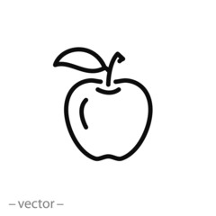 apple with leaf icon, health nutrition, thin line symbol on white background - editable stroke vector illustration eps 10