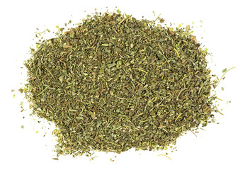 Mixed Italian herb seasoning on a white background, top view.