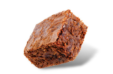 Chocolate brownie cake on a white isolated background.