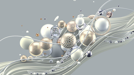 Beautiful abstract background with volume elements, balls, texture, lines. 3d illustration, 3d rendering.