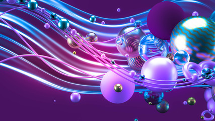 Beautiful abstract background with volume elements, balls, texture, lines. 3d illustration, 3d rendering.