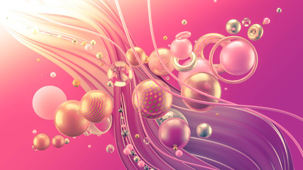 Beautiful abstract background with volume elements, balls, texture, lines. 3d illustration, 3d rendering.