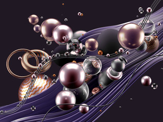 Beautiful abstract background with volume elements, balls, texture, lines. 3d illustration, 3d rendering.