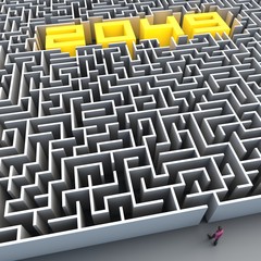 3D illustration of Man in front of a maze with 2049 goal in the center