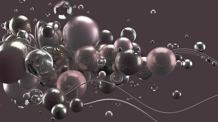 Beautiful abstract background with volume elements, balls, texture, lines. 3d illustration, 3d rendering.