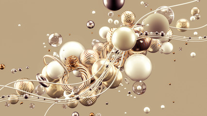 Beautiful abstract background with volume elements, balls, texture, lines. 3d illustration, 3d rendering.