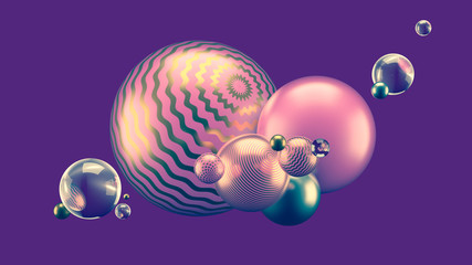 Beautiful abstract background with volume elements, balls, texture, lines. 3d illustration, 3d rendering.