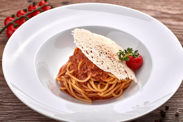 Spaghetti Bolognese on a white plate