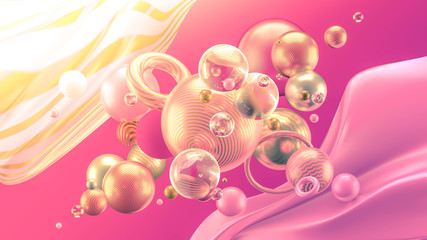 Beautiful abstract background with volume elements, balls, texture, lines. 3d illustration, 3d rendering.
