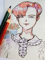 Drawing of a cute anime girl with short brown hair in a white blouse with two pencils.