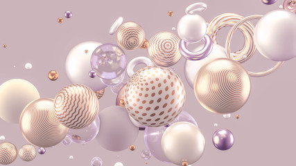 Beautiful abstract background with volume elements, balls, texture, lines. 3d illustration, 3d rendering.