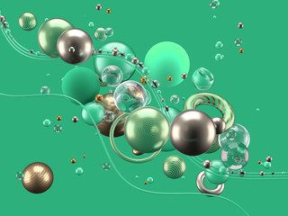 Beautiful abstract background with volume elements, balls, texture, lines. 3d illustration, 3d rendering.
