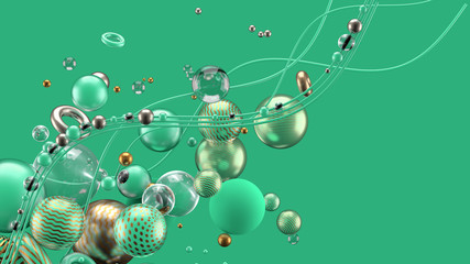 Beautiful abstract background with volume elements, balls, texture, lines. 3d illustration, 3d rendering.