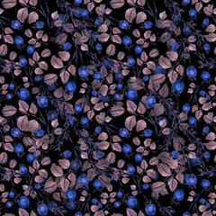 Watercolor seamless pattern with rose hip berries.Black background, hand drawn botanical illustration, autumn texture. Design for wedding invitations, greeting cards, cards, textile, paper, fashion