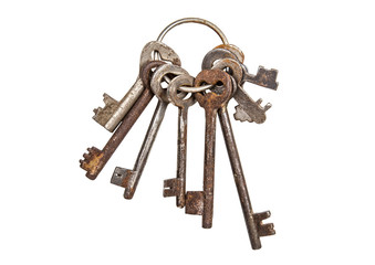 Bunch of old vintage keys isolated on white. Safety and security concept.