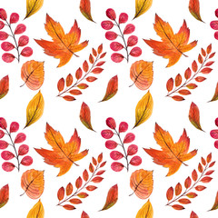 Beautiful seamless pattern with autumn leaves. Watercolor handpainted illustration. Isolated on white background. for greeting card, halloween invitation, thanksgiving day, design, wallpaper, textile
