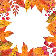 Beautiful frame autumn leaves. Watercolor handpainted illustration. Isolated on white background. Can be used in greeting card, halloween invitation, thanksgiving day, design, wallpaper, textile