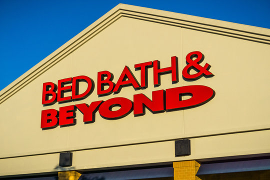 April 20, 2018 San Mateo / CA / USA - Bed Bath & Beyond Logo Above The Entrance To One Of The Stores In San Francisco Bay Area