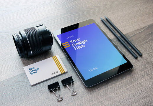 Camera Lens, Tablet, and Business Card Perspective Mockup