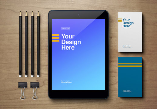 Tablet, Business Card, and Pencils Mockup