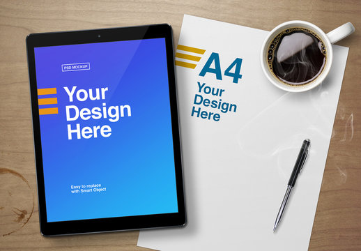 Tablet, Paper, and Mug Mockup