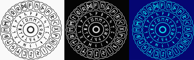 Scandinavian set runes white black blue circles.