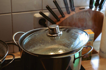 cooking on stove in the steel pan