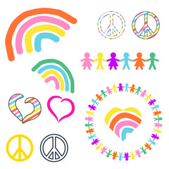 Rainbow and peace symbols hippie pacifist vector illustration.