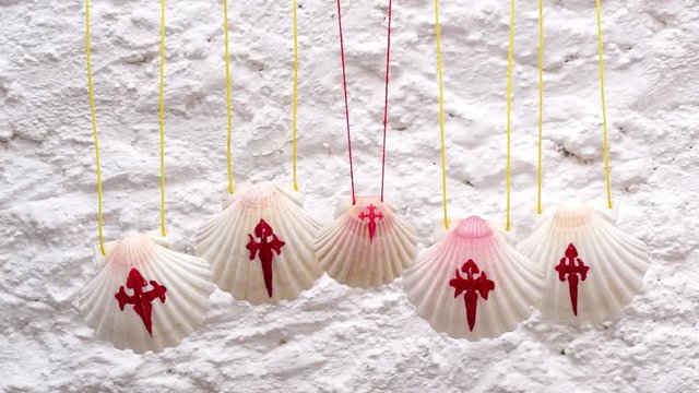 way of st james to Compostela , cross symbol in the pilgrim's shells , video hd footage