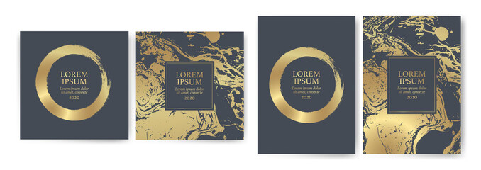 Set of design templates with golden texture, marble effect. Luxury and elegance Suitable for wedding invitations, VIP events, covers, promotions