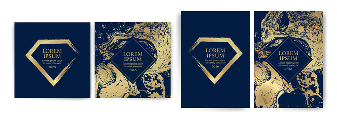 Set of design templates with golden texture, marble effect. Luxury and elegance Suitable for wedding invitations, VIP events, covers, promotions