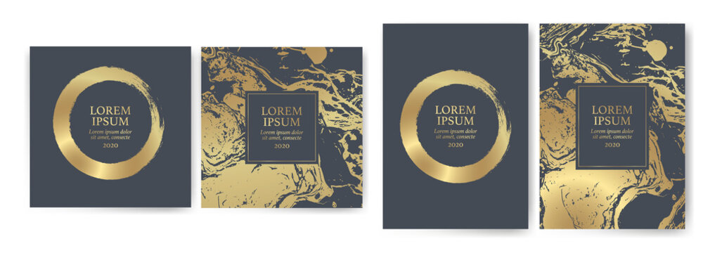 Set of design templates with golden texture, marble effect. Luxury and elegance Suitable for wedding invitations, VIP events, covers, promotions