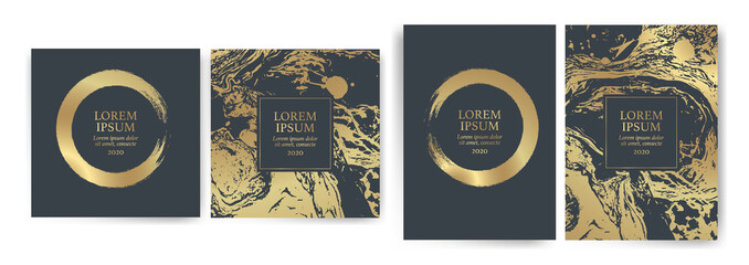 Set of design templates with golden texture, marble effect. Luxury and elegance Suitable for wedding invitations, VIP events, covers, promotions
