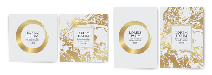 Set of design templates with golden texture, marble effect. Luxury and elegance. gold and white color. Suitable for wedding invitations, VIP events, covers, promotions