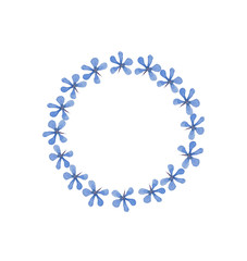 Wreath of blue flowers painted with watercolor on a white background