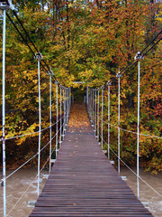 Suspension bridge over the mountain river and autumn forest