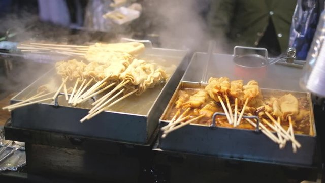 Famous korean street food oden fish cake in Myeongdong night market