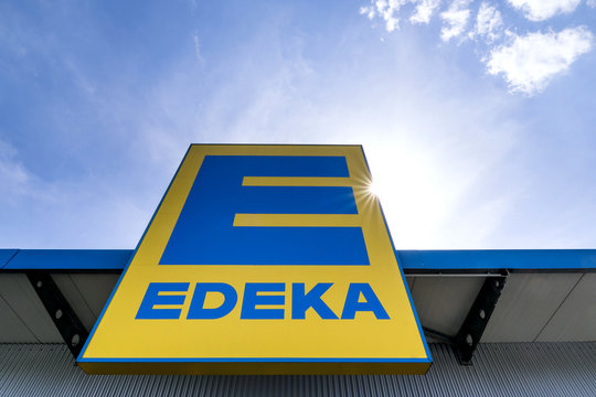 SIEGEN, GERMANY - April 22, 2018: EDEKA sign at branch. The Edeka Group is the largest German supermarket corporation.