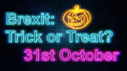 Brexit: Trick or Trick neon lettering on brick wall, design illustration. Brexit crisis concept