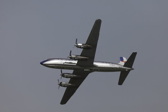 BUDAPEST, HUNGARY - MAY 1: Restored DC-6 Flying as part of the air show on May 1 celebration of 2014, Budapest, Hungary.