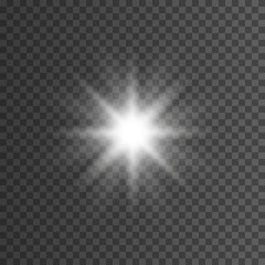 White glowing light burst explosion with transparent. Vector illustration for cool effect decoration with ray sparkles. Bright star. 