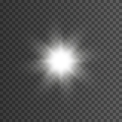 White glowing light burst explosion with transparent. Vector illustration for cool effect decoration with ray sparkles. Bright star. 