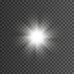 White glowing light burst explosion with transparent. Vector illustration for cool effect decoration with ray sparkles. Bright star. 