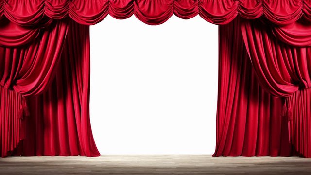 Empty theater stage with red velvet curtains. Opening curtains with luma matte.