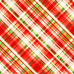 Checkered oblique seamless pattern, bright red, green and pale coral strip.