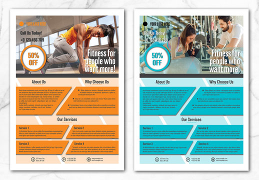 Flyer Layout with Blue and Orange Geometric Shapes