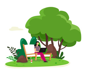 The girl works behind a laptop on a trip or on vacation in a comfortable chair. Vector illustration on a white background.