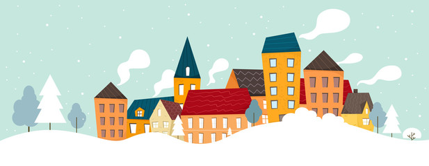 Winter and snowy city background. Vector illustration in cartoon flat style.