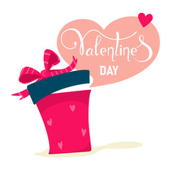 Cute box with a gift for Valentine's Day. Handwritten text, calligraphy. Vector illustration on a white background.